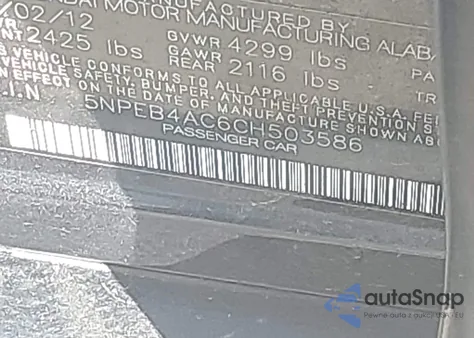 2012 Hyundai Sonata Gls из США, поврежденный, VIN 5NPEB4AC6CH503586